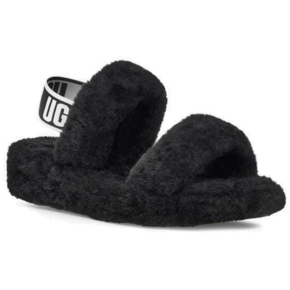 Ugg Australia Oh Yeah Black Fluffy Slides - Picture 2 of 11